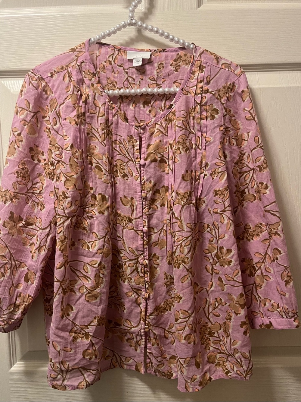 J.Jill Pink Floral Button-Front Women's Peasant Blouse. Pleated Front/Back Sz SP
